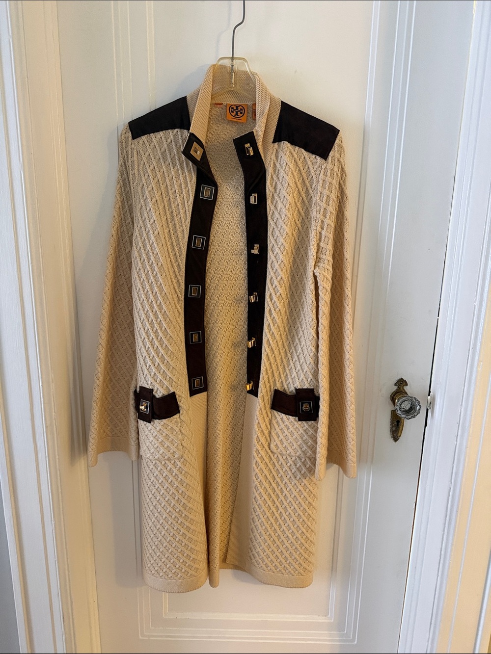 Tory Burch Cream Knit Long Cardigan with Dark Brown Trim